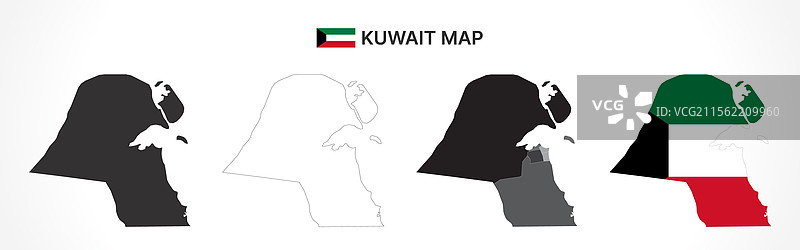 详细的科威特地图集合，带轮廓线图片素材