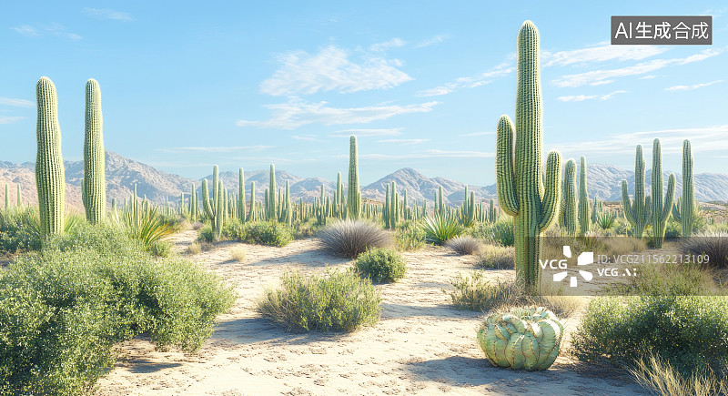 【AI数字艺术】沙漠中的高大仙人掌景观图片素材