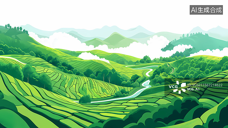 【AI数字艺术】宁静的茶园美景图片素材