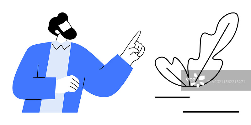 男人指着抽象植物的蓝色元素图片素材