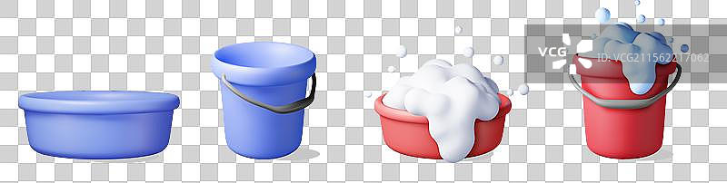 3D塑料桶套装，带有肥皂泡沫和空桶图片素材