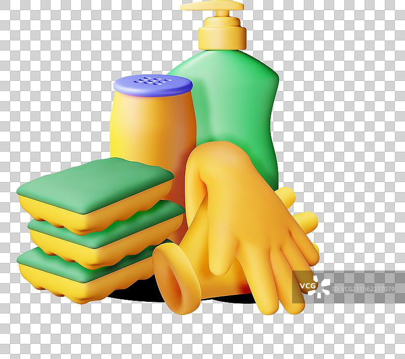 3D洗涤剂瓶、海绵和橡胶手套图片素材