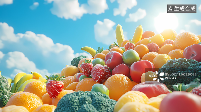 【AI数字艺术】堆积如山的水果蔬菜图片素材