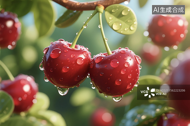 【AI数字艺术】果园里的新鲜樱桃采摘美味水果图片素材