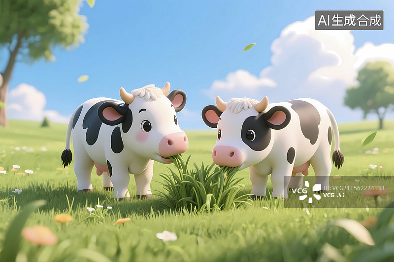 【AI数字艺术】清新无污染牧场奶牛吃草场景图片素材