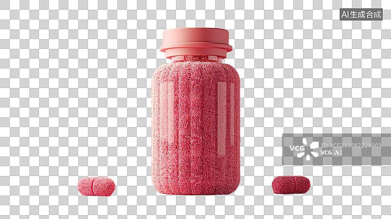 【AI数字艺术】毛毡风格粉色药瓶中的胶囊和药丸图片素材