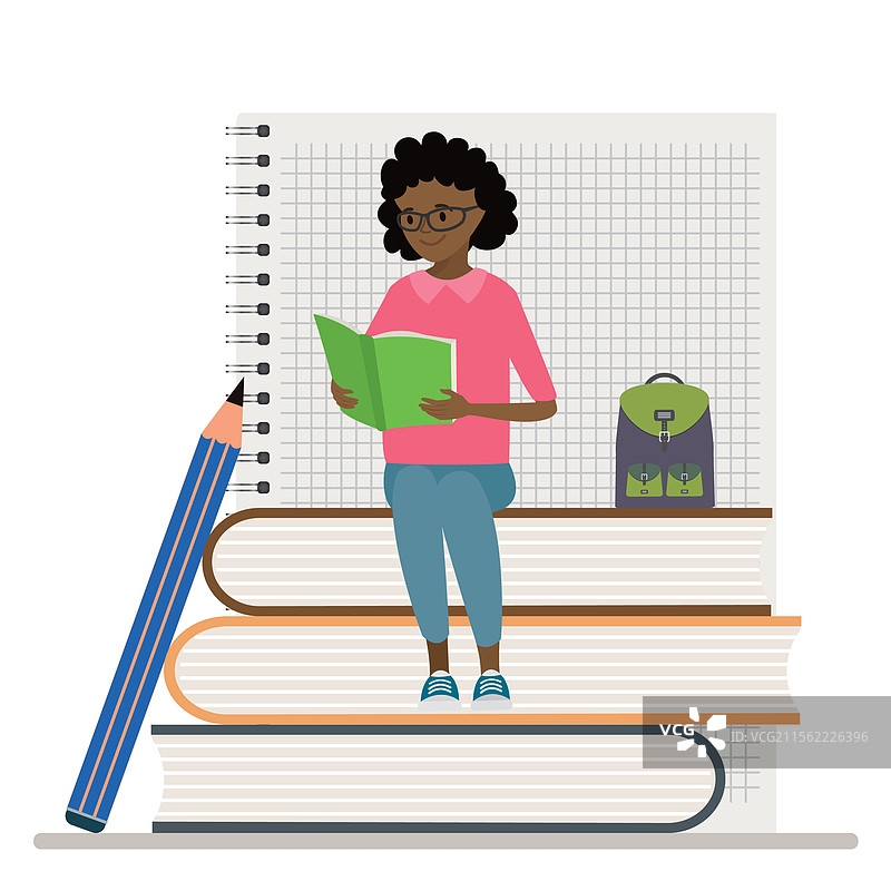 非裔美国少女坐着阅读图片素材