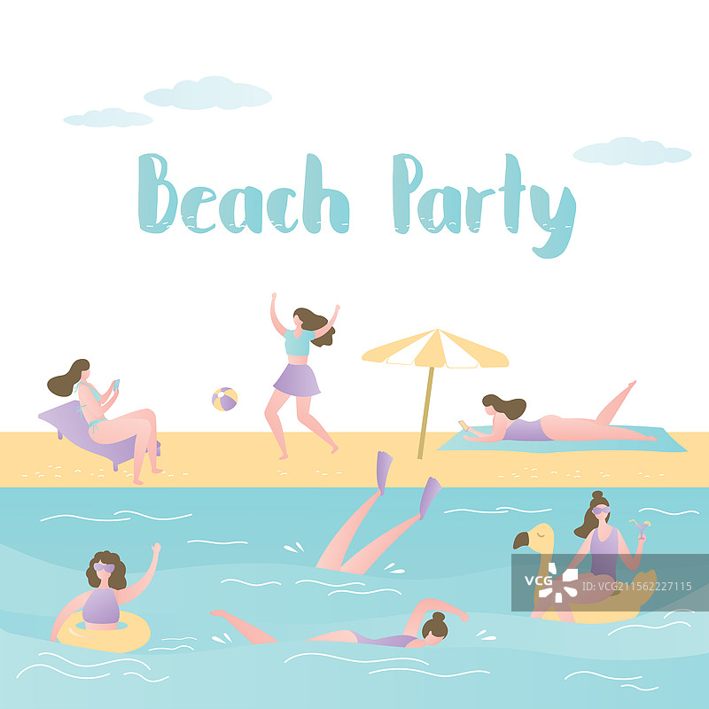 不同女孩在海滩上，夏日背景，搞笑场景图片素材