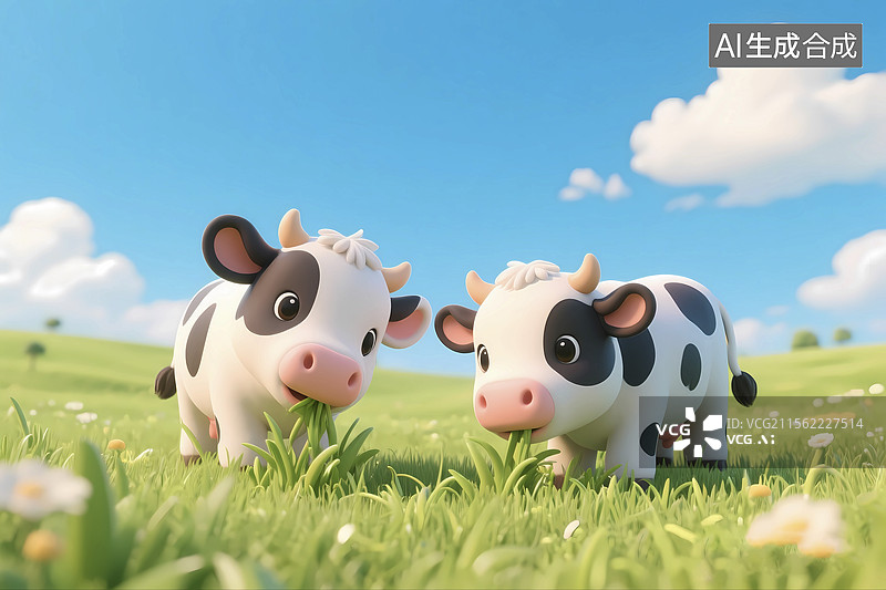 【AI数字艺术】清新无污染牧场奶牛吃草场景图片素材