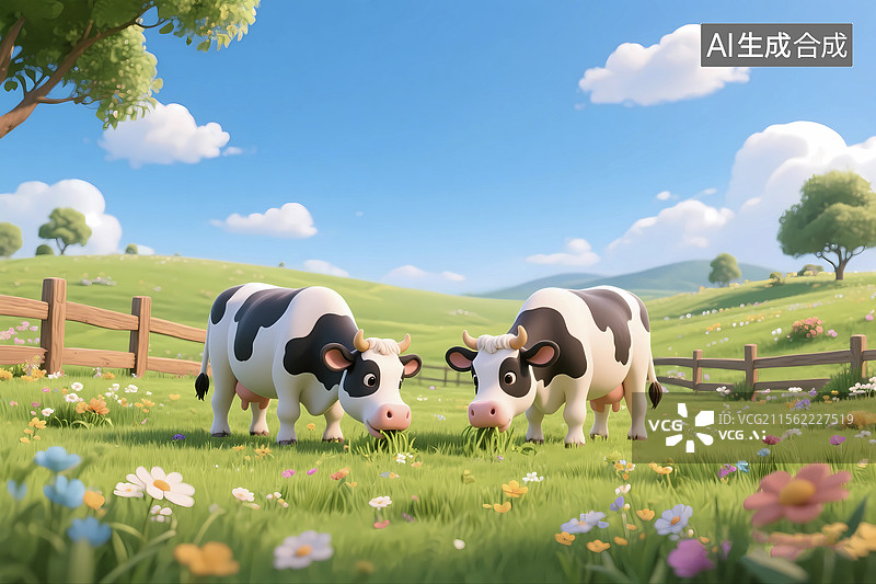 【AI数字艺术】清新无污染牧场奶牛吃草场景图片素材