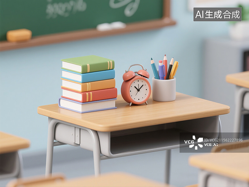 【AI数字艺术】3D渲染，教室课桌上的闹钟和书本特写，高考冲刺，考试，学习，复习，青春校园生活概念场景图图片素材