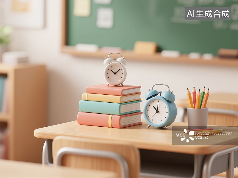 【AI数字艺术】3D渲染，教室课桌上的闹钟和书本特写，高考冲刺，考试，学习，复习，青春校园生活概念场景图图片素材