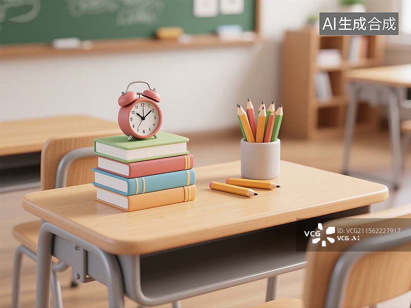 【AI数字艺术】3D渲染，教室课桌上的闹钟和书本特写，高考冲刺，考试，学习，复习，青春校园生活概念场景图图片素材