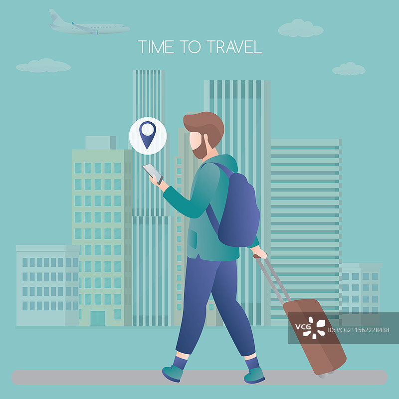 携带手提箱和智能手机的白人男性在城市中图片素材