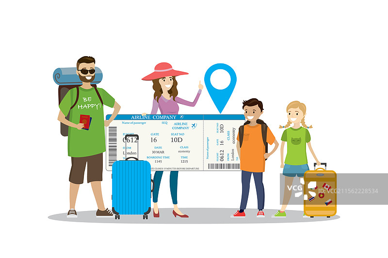 快乐的家庭旅行者，带着行李和大包。图片素材