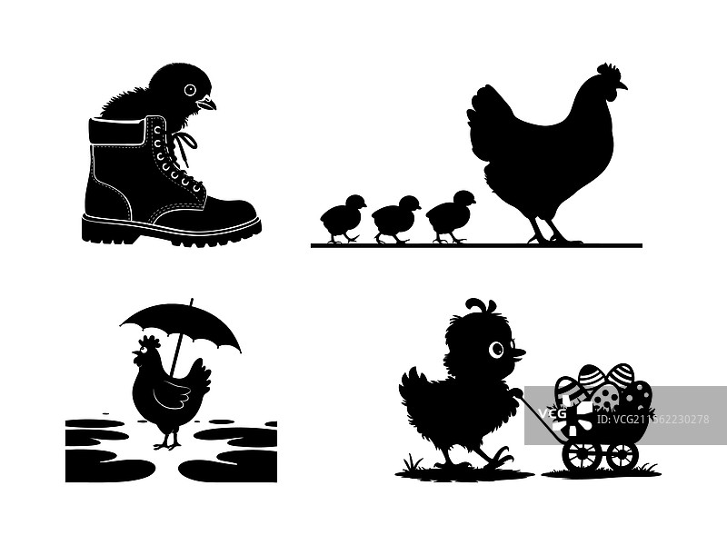 小鸡剪影组合 酷炫复活节卡通艺术图片素材