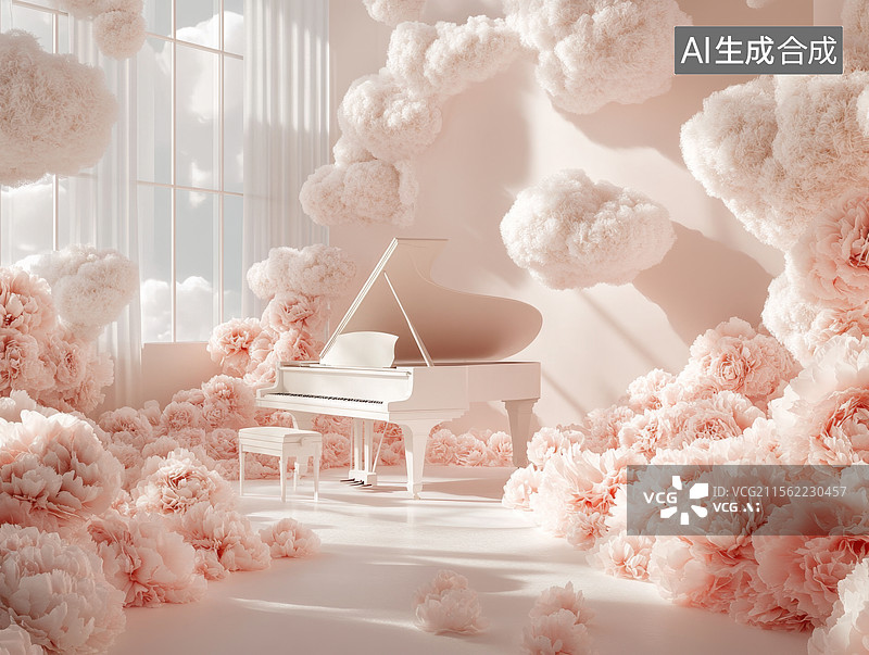 【AI数字艺术】一架钢琴在充满粉色花朵的房间中图片素材