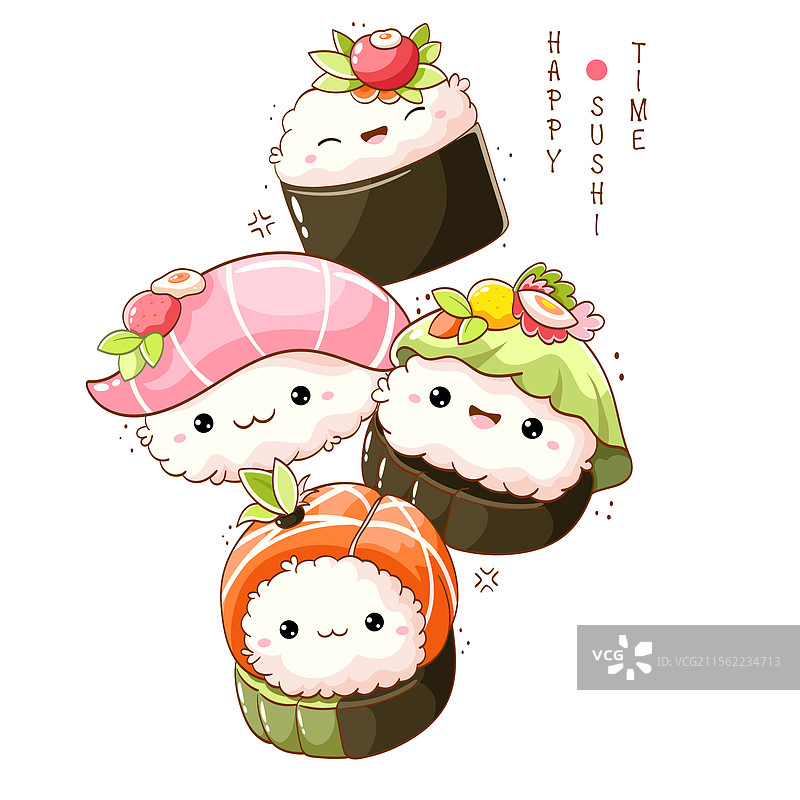 一组可爱的寿司和卷，采用卡哇伊风格图片素材