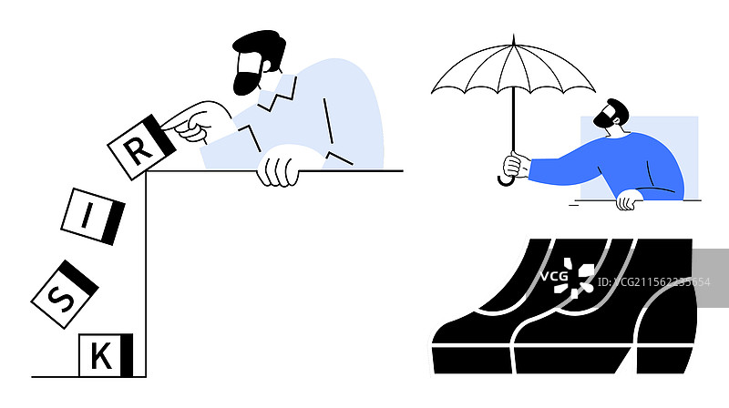 一个人正在阻止掉落的方块拼写“风险”和图片素材