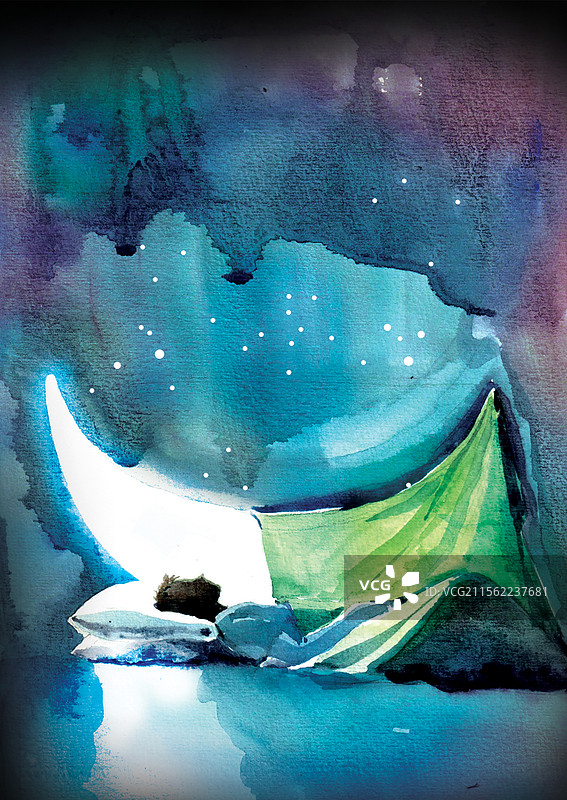 睡在月亮边的人插画图片素材