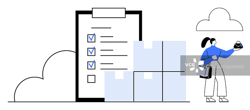 女性正在使用大型清单检查库存图片素材