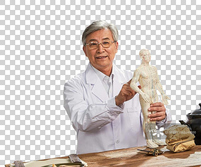老中医研究人体针灸穴位模型图片素材
