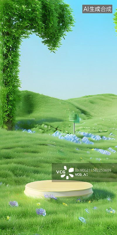 【AI数字艺术】通用绿色3d超自然电商草地场景图片素材
