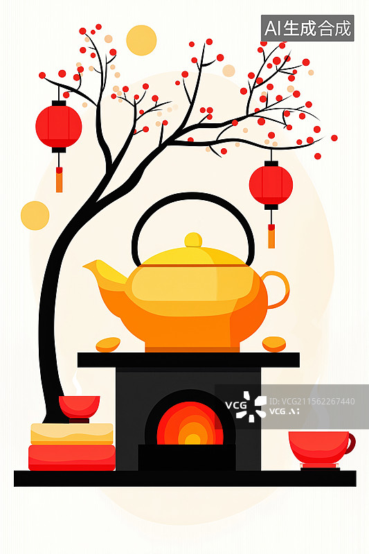 【AI数字艺术】祥和冬日暖茶时光插画图片素材