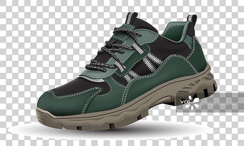 逼真的安全登山鞋，绿色皮革橡胶材质图片素材