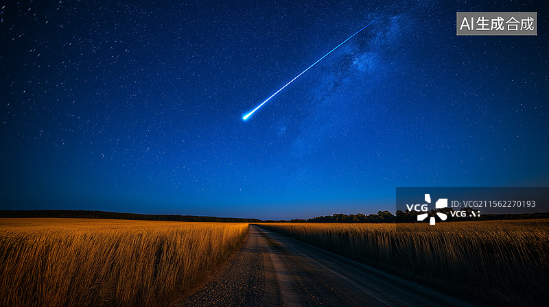 【AI数字艺术】流星划过星空下的麦田图片素材