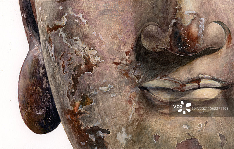 纸上手绘水彩画佛头局部特写佛首图片素材