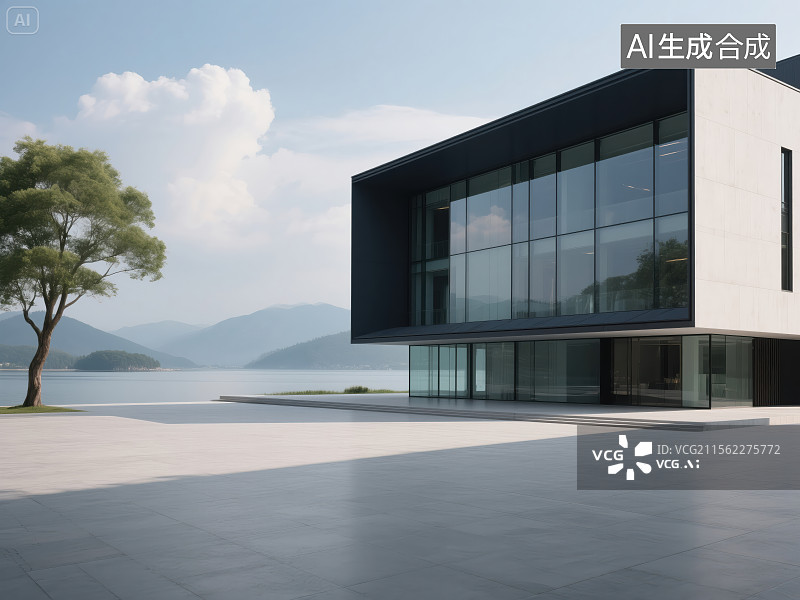【AI数字艺术】湖畔现代简约风格建筑图片素材