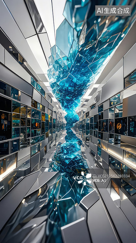 【AI数字艺术】现代建筑中的蓝色玻璃艺术装置图片素材