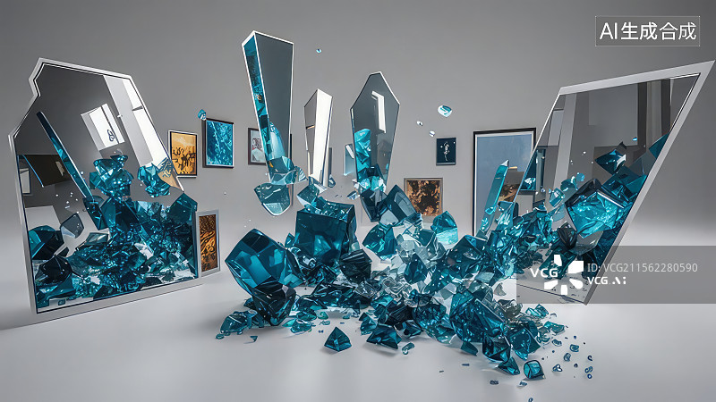 【AI数字艺术】破碎玻璃与蓝色晶体的艺术装置图片素材
