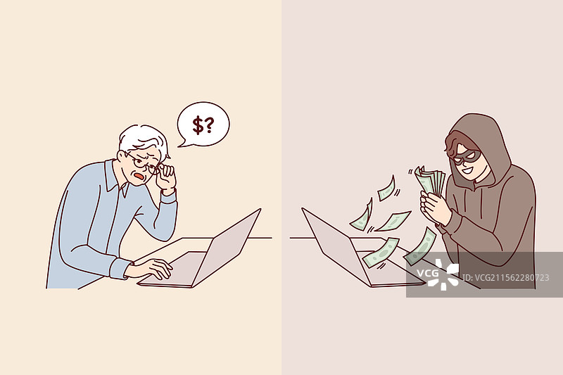 黑客使用笔记本电脑从一位老人那里盗取钱财图片素材