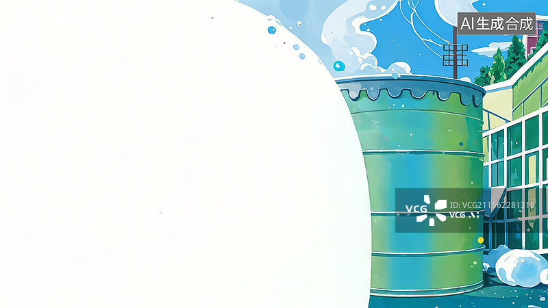 【AI数字艺术】2D卡通居右-大型水塔与现代建筑图片素材