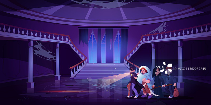 在废弃城堡里穿着万圣节服装的小男孩们图片素材