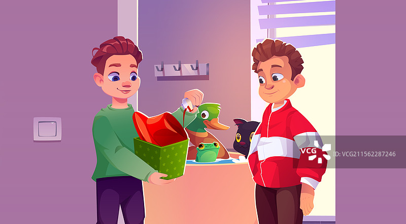 小男孩给他的朋友表演魔术。图片素材