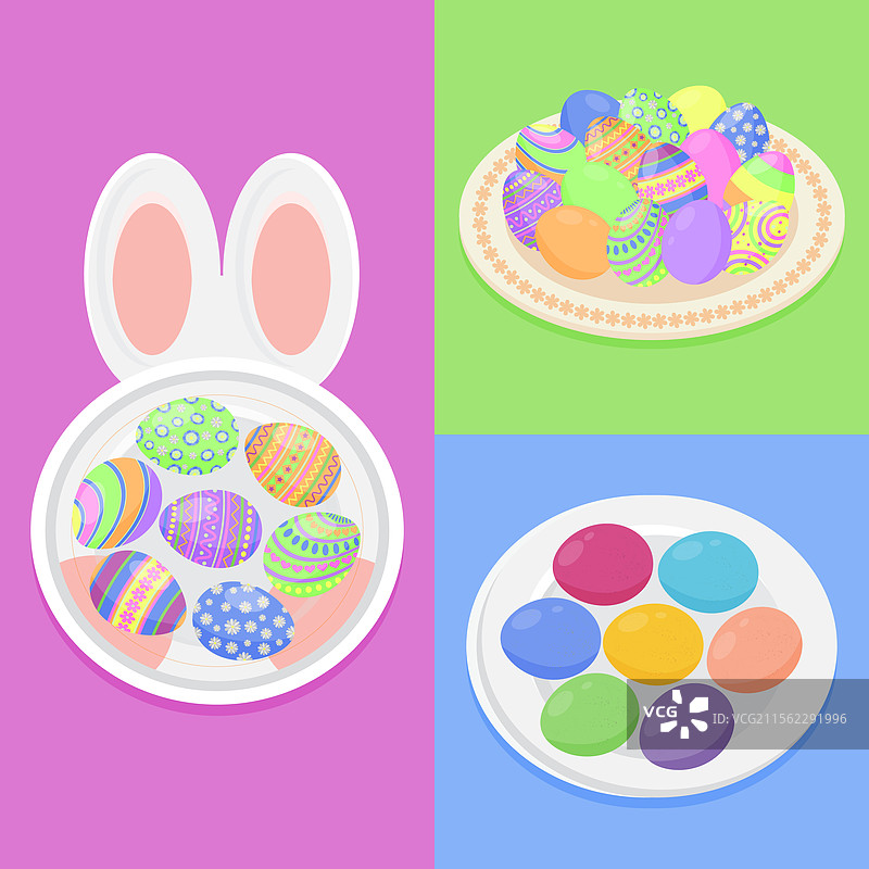 快乐的复活节春季假期，盘子上的彩色鸡蛋图片素材