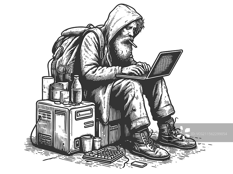 无家可归的程序员黑客游牧者在电脑上打字图片素材