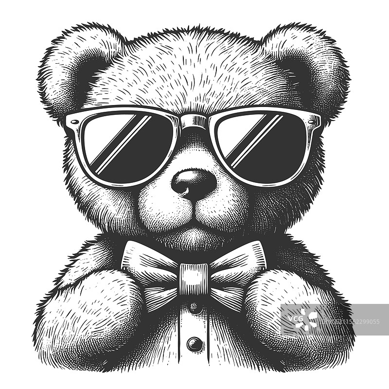 酷炫的泰迪熊，戴着太阳镜和蝴蝶结领结图片素材