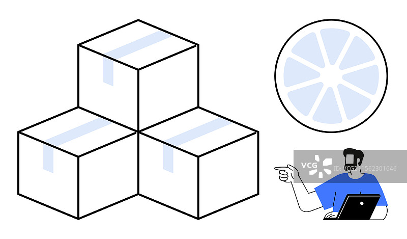 男子指着堆叠的箱子和虚拟饼图图片素材