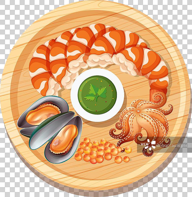 美味的海鲜拼盘放在木盘上图片素材