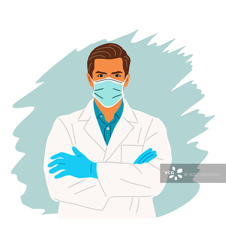 穿白色实验室外套和蓝色手套的男医生图片素材