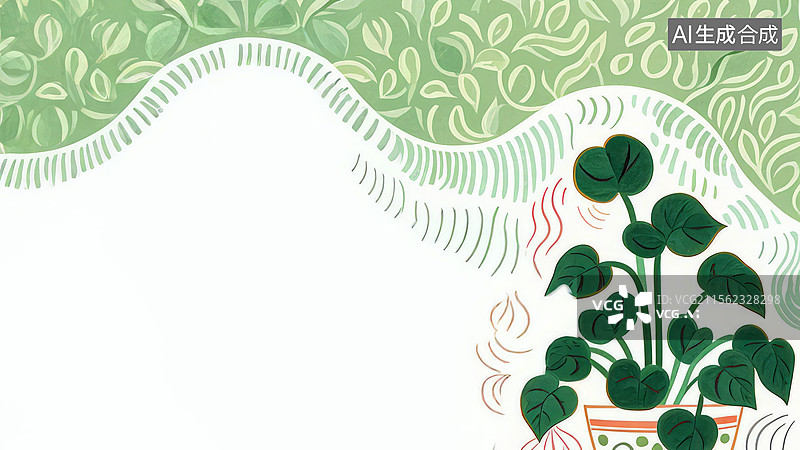 【AI数字艺术】2D卡通居右--绿叶植物与波浪图案背景图片素材