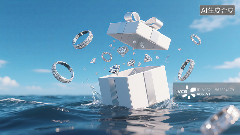 【AI数字艺术】蓝天海面上的钻戒礼盒创意珠宝展示图图片素材