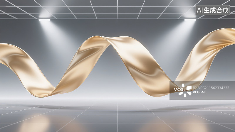 【AI数字艺术】金色丝带飘舞于现代空间艺术展示图图片素材