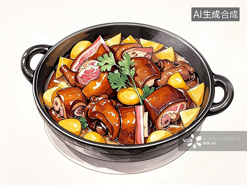 【AI数字艺术】恩施土家腊猪蹄子火锅-传统美食小吃手绘插画图片素材