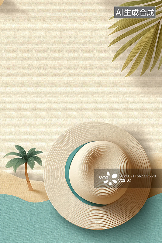 【AI数字艺术】夏日沙滩遮阳帽场景插画图片素材