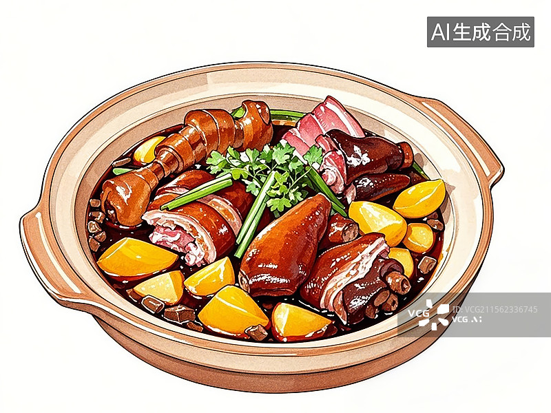 【AI数字艺术】恩施土家腊猪蹄子火锅-传统美食小吃手绘插画图片素材